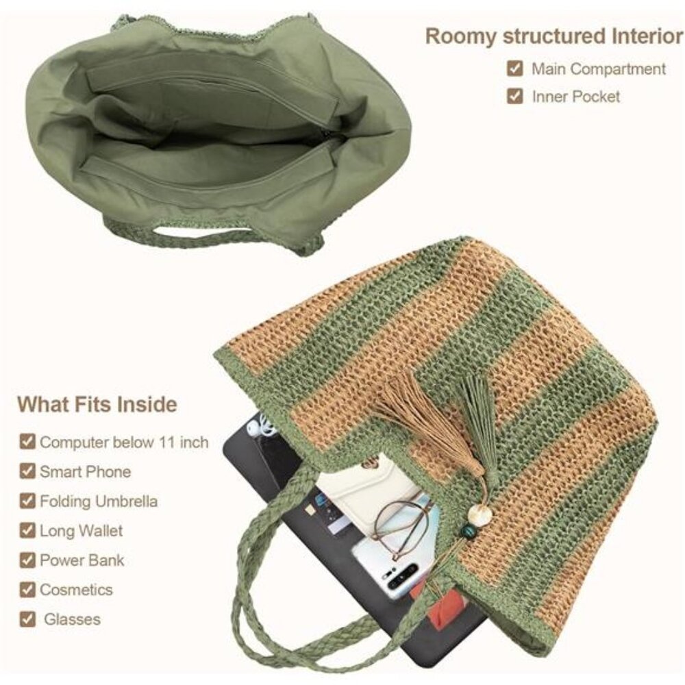 Women Straw Beach Bag Large Khaki Green - Picture 4 of 7